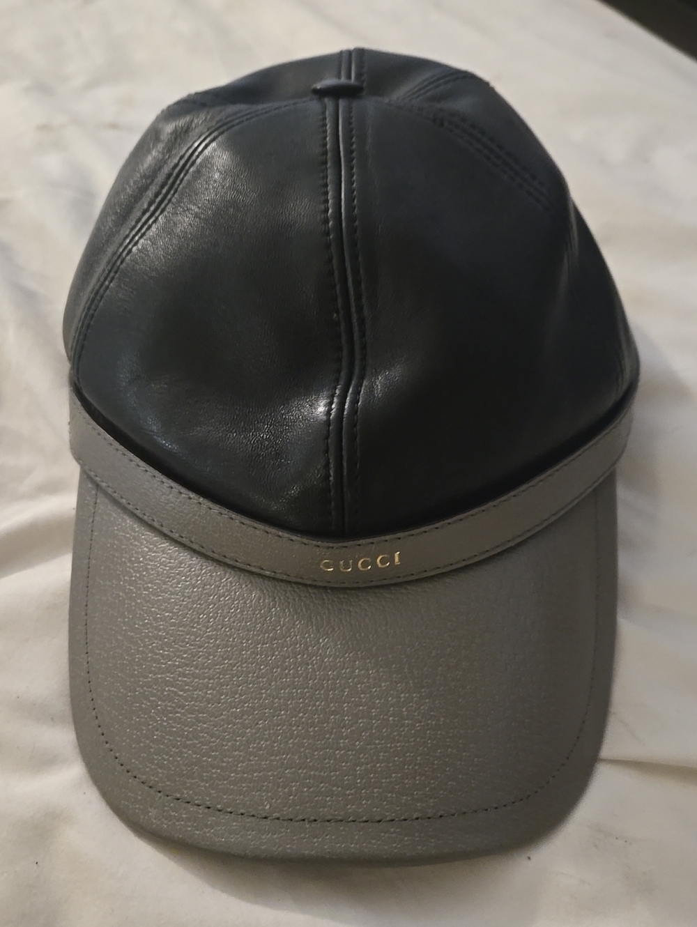 Gucci Two-Tone Leather Baseball Cap in Black and Gray with Gold Logo Trim
